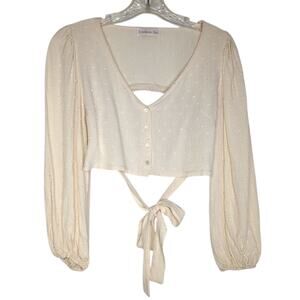 Endless Blue cream colored, long-sleeved cropped blouse tie-back waist, small